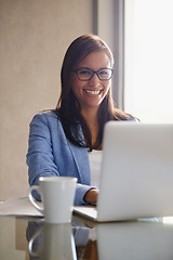 Image showing Smile, laptop and portrait of business woman in office with confident, positive and pride attitude. Technology, happy and professional financial advisor with computer for finance project in workplace