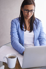 Image showing Typing, laptop and business woman in office for research on finance project for company budget. Technology, career and professional female financial advisor with computer for email in workplace.