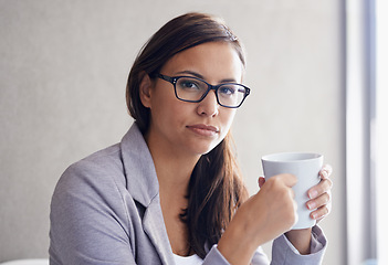 Image showing Professional, woman and portrait with coffee to relax in office with calm financial advisor in business and workplace. Corporate, person and serious consultant with confidence, pride and drink of tea