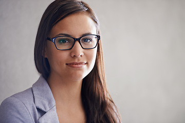 Image showing Professional, woman and portrait of financial advisor in studio with advice for business and development. Corporate, person and consultant with confidence, pride or working in finance on mockup space