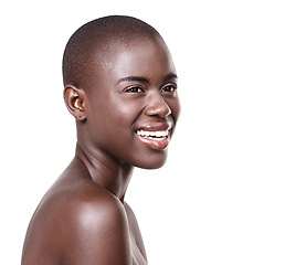 Image showing Smile, natural and closeup of black woman for skin care, beauty and cosmetics isolated on white background. Female person, mockup space and African lady in studio for makeup, cleansing and treatment