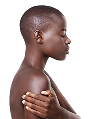 Image showing Profile of black woman, natural or skincare with beauty, cosmetics or healthy shine in studio. Side view, bald head or serious African girl model with wellness or glow results on white background