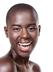 Image showing Portrait of black woman, glow or smile with beauty, cosmetics or healthy skin isolated in studio. Wellness, bald head or happy African girl model with shine or skincare results on white background