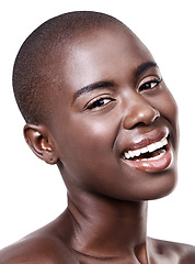 Image showing Portrait of black woman, happy or glow with beauty, cosmetics or healthy skin isolated in studio. Wellness, bald head or African girl model with shine, smile or skincare results on white background