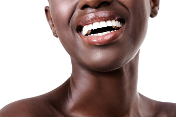 Image showing Mouth of woman, happy or smile with beauty, cosmetics or healthy skin for shine isolated in studio. Face, laughing or funny girl model with lip gloss, closeup or skincare results on white background