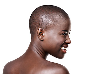 Image showing Smile, mockup and closeup of black woman for skin care, beauty and cosmetics isolated on white background. Female person, African lady and even tone in studio for makeup, cleansing and treatment