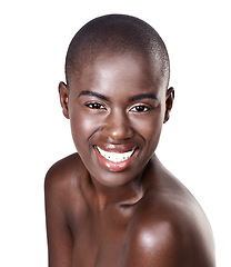 Image showing Portrait of black woman, studio or smile with beauty, cosmetics or healthy skin isolated with glow. Wellness, bald head or happy African girl model with shine or skincare results on white background