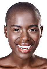 Image showing Portrait, shine and black woman with skincare, makeup and beauty isolated on a white studio background. African person, face and model with wellness and healthy skin with aesthetic, cosmetics or glow