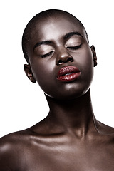 Image showing African, face and beauty from skincare or makeup in studio on white background with glow on skin. Calm, model and lipstick from cosmetics and black woman relax with dermatology in mockup space