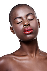 Image showing African, beauty and makeup on face in studio on white background with glow on skin from dermatology. Calm, model and lipstick from cosmetics and black woman with healthy skincare in mockup space