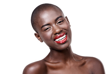 Image showing Portrait, beauty and black woman with cosmetics makeup and wellness isolated on white studio background. African person, face or model with skincare and dermatology with aesthetic or shine with glow