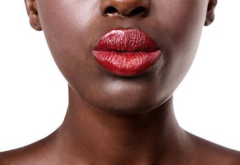 Image showing Mouth of woman, red and lipstick with beauty, cosmetics and healthy skin for shine isolated in studio. Face, aesthetic or girl model with lip gloss, closeup or skincare results on white background