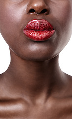 Image showing Mouth of model, red and lipstick with beauty, cosmetics and healthy skin for shine isolated in studio. Face closeup, aesthetic or woman with pout, color or skincare glow results on white background