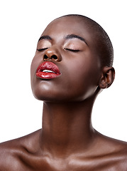 Image showing African, face and beauty from makeup in studio on white background with glow on skin from dermatology. Calm, model and lipstick from cosmetics and black woman with healthy skincare in mockup