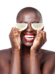 Image showing Woman, lipstick and lemon skincare in studio for organic dermatology routine, youth or wellness. White background, happy and African model with facial glow, fruit diet and eyes product for beauty