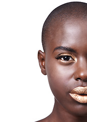 Image showing Portrait, half and black woman with lipstick, makeup and dermatology on a white studio background. African person, face and model with wellness and beauty with aesthetic, skincare or shine with glow