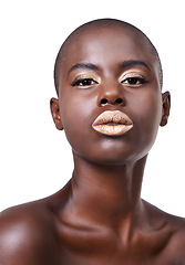 Image showing Portrait of black woman, beauty or makeup with lipstick, cosmetics or healthy skin in studio. Gold color, face or serious African girl model with glow or skincare results on white background