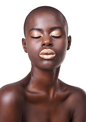 Image showing African, woman and makeup in studio for beauty, model for cosmetic and skincare with vibrant colour. Eyes closed, glowing or creative with glamour and art, dermatology or isolated female person