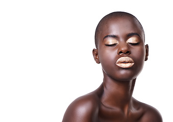 Image showing Face of black woman, space or makeup with lipstick, cosmetics or beauty mockup in studio. Gold color, bald head or African girl model with glow, eyeshadow and skincare results on white background