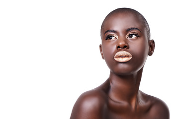Image showing Space for black woman, thinking or makeup with lipstick, cosmetics or beauty mockup in studio. Gold color, bald head or African girl model with glow, eyeshadow or skincare results on white background