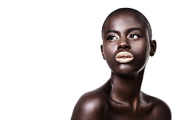 Image showing Mockup for black woman, thinking or makeup with lipstick, cosmetics or beauty space in studio. Gold color, bald head or African girl model with glow, eyeshadow or skincare results on white background