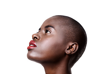 Image showing African, beauty and lipstick on face with makeup in studio on white background with glow on skin from dermatology. Calm, model and black woman relax with cosmetics or skincare closeup in mockup space