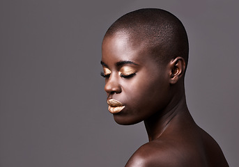 Image showing Woman, beauty and portrait for skincare, nails and makeup for face and polish for cosmetic. Black person, model and bald with gloss and lipstick for shine and glow with shimmer in studio on mockup