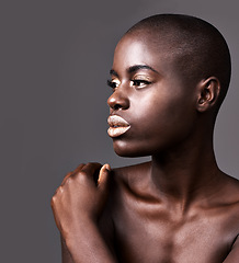 Image showing Thinking, makeup and black woman with lipstick, beauty and dermatology on grey studio background. African person, girl and model with aesthetic or shine with grooming, glow or artistic with treatment