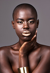 Image showing Jewelry, portrait and face of black woman for makeup, beauty or cosmetics isolated on gray background. Person, African lady and eyeshadow with lipstick in studio for skin care, cleansing or treatment