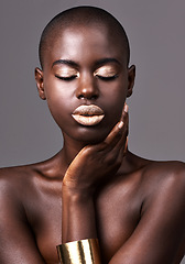 Image showing Jewelry, face and skin of black woman for makeup, beauty and cosmetics isolated on gray background. Person, African lady and eyeshadow with lipstick in studio for dermatology, gold head or skincare