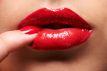 Image showing Makeup, red lipstick and closeup of woman lips with trendy, beauty and manicure treatment. Mouth, cosmetics and zoom of female person with gloss for shine and nail polish for cosmetology routine.