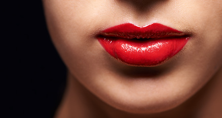 Image showing Cosmetics, red lipstick and closeup of woman lips with trendy, beauty and face treatment. Mouth, makeup and zoom of female person with gloss for shine, glow or facial for cosmetology routine.