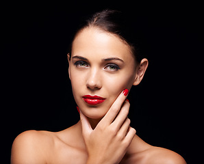 Image showing Beauty, cosmetic and hand for female person, cosmetology and lipstick on studio background. Makeup, manicure and skincare for salon treatment, face and glow with confidence at spa for woman model