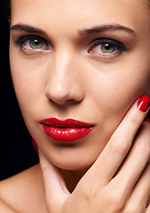 Image showing Beauty, manicure and portrait of woman in studio with trendy, makeup and face routine with red lips. Cosmetics, nail polish and female model with facial cosmetology treatment by black background.