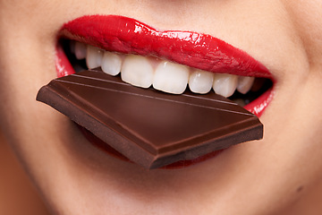 Image showing Chocolate bar, beauty and woman with red lips for lipstick cosmetics, makeup and skincare. Sweets, macro and female model person in cheat meal for cocoa product, unhealthy snack or eating candy