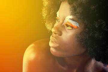 Image showing Beauty, eyeshadow and studio for black woman person, art and concept on dark background. Afro, colourful and makeup on face of Nigerian female model, flare and afro for cosmetic and creative concept