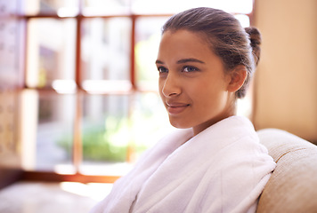 Image showing Spa, thinking and woman with hotel, relax and vacation with getaway trip and adventure with peace and holiday. Person, hospitality and girl with luxury and bathrobe with wellness, ideas and skincare