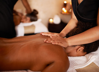Image showing Masseuse, hands and woman on bed with peace, stress relief and luxury wellness at hotel. Physical therapy, relax and zen female client with back massage for vacation, holiday and calm body care