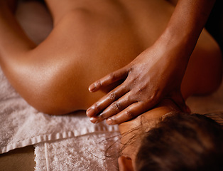 Image showing Spa, hand and back massage with woman on bed for luxury pampering, stress relief or treatment from above. Skincare, relax and wellness with customer at resort or salon for holistic therapy closeup