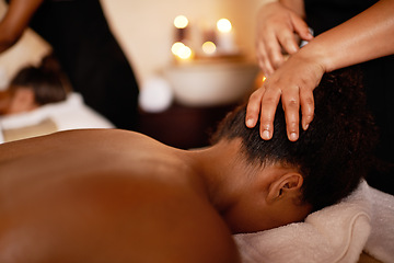 Image showing Woman, masseuse and head massage on bed with hospitality, peace and luxury stress relief at hotel. Relax, wellness and zen female client at hotel spa for vacation, holiday and calm body care