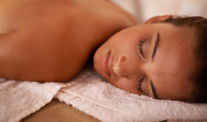 Image showing Wellness, calm and woman in spa for peace or vitality with wellbeing, luxury and pamper for body care or treatment. Female person, resort and carefree after massage therapy for stress relief to relax