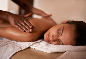 Image showing Hands, woman and sleep at spa for massage, wellness and skin care for back, chiropractic therapy or peace. Female person, relax and health for lifestyle, body or wellbeing on table, calm or natural