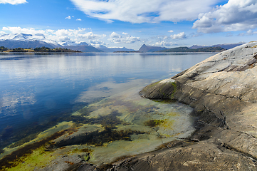 Image showing Tranquil morning by the crystal-clear sea with snow-capped mount