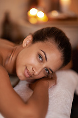 Image showing Portrait, zen and woman in spa to relax for vitality or wellbeing, luxury and pamper for body care or treatment. Female person, resort and calm or carefree for stress relief and wellness with therapy