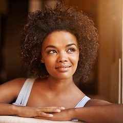 Image showing Face, relax and thinking with afro black woman in living room of home for weekend inspiration or free time. Smile, future and vision with confident young person on sofa in apartment for comfort