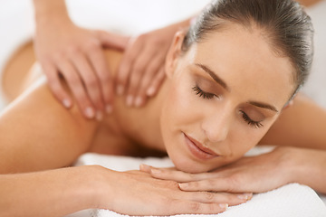 Image showing Zen, shoulder massage and woman at spa for health, wellness and balance with luxury holistic treatment. Self care, peace and relax with girl in muscle therapy, comfort and calm body pamper service