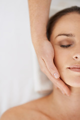 Image showing Woman, hand and massage treatment for face wellness at holiday resort for spa vacation, relaxing or skincare. Female person, masseuse and fingers in Hawaii for dermatology cosmetics, beauty or above