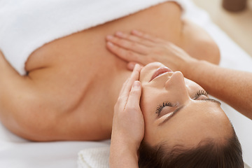 Image showing Woman, hand and massage for spa treatment or facial wellness at holiday resort or vacation, relaxing or skincare. Female person, masseuse and fingers in Hawaii or dermatology, cosmetics or beauty
