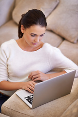 Image showing Woman, networking and laptop for remote work on internet, home and tech for copywriting or blog. Female person, living room and online for website research for article, information and app for email