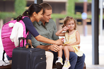 Image showing Suitcase, travel and family in city street for bus stop, road trip or bonding with crying daughter. Love, journey or sad kid upset with parents outdoor for adventure, vacation or waiting for taxi